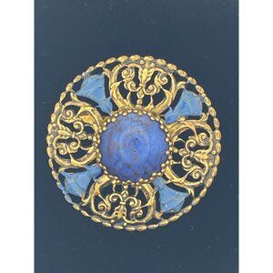 Vintage Brooch Oxidized Gold Tone Blue Accents Blue Stone W Germany